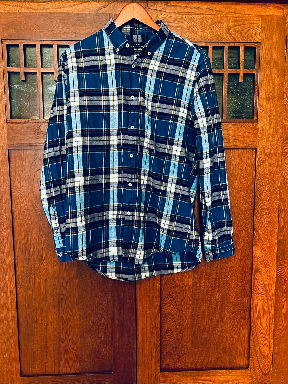 Zara Blue and White Plaid Button-Down Shirt